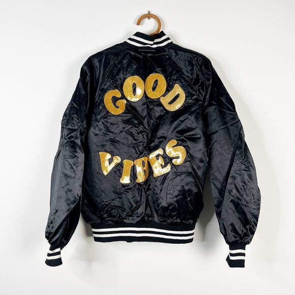 Sticky Baby Good Vibes black satin bomber jacket retro glitter vinyl size Large - Picture 6 of 6